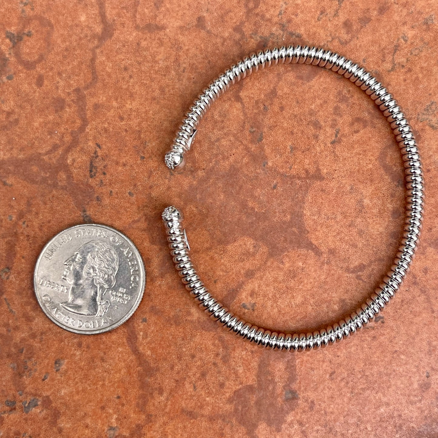 18KT White Gold Pave Diamond End Cap Corrugated Cuff Bangle Bracelet