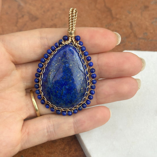 Estate Large 14K Yellow Gold Teardrop Blue Lapis Beaded Pendant