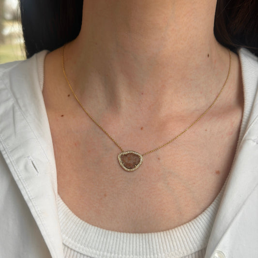 14KT Yellow Gold Multi Color Diamond Slice Center + Diamond halo Necklace