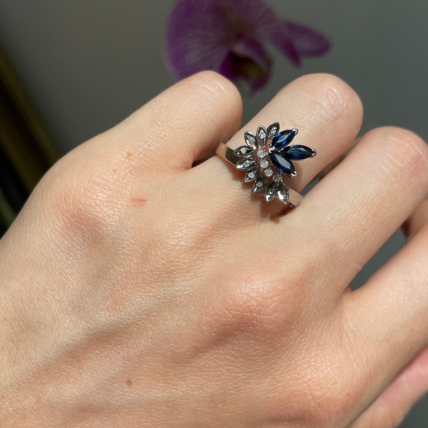 Estate 14KT White Gold Marquise Blue Sapphire + Diamond Flower Ring