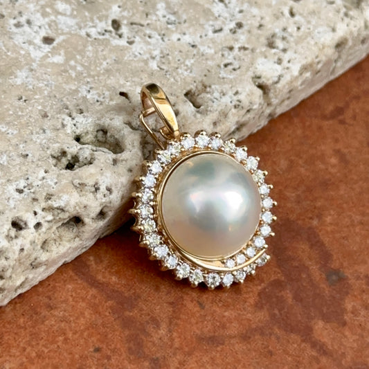Estate 14KT Yellow Gold Mabe Blister Pearl + Diamond Enhancer Slide Pendant