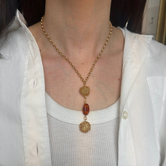 Vintage 14KT Yellow Gold Amber Bead Drop Lariat Y Cobweb Ball Oval Link Necklace