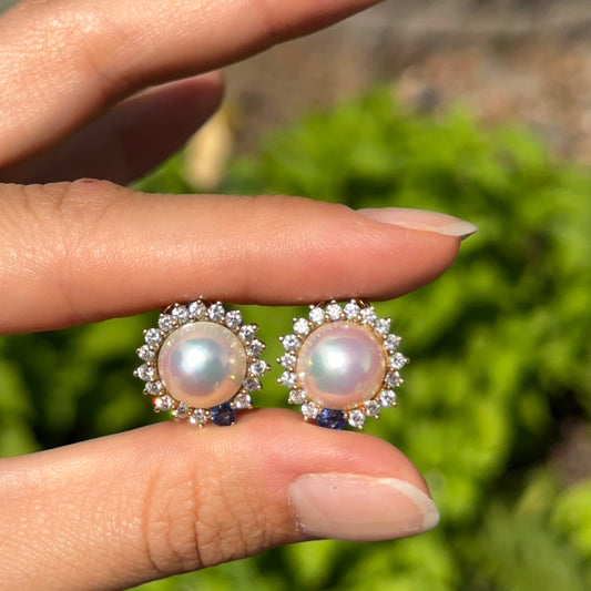 Estate 18KT Yellow Gold Mabe Pearl + Diamond Sapphire Halo Omega Earrings