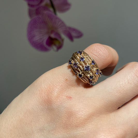 Estate 14KT Yellow Gold Rope Twist Etruscan Purple Iolite Cigar Band Ring - LSJ
