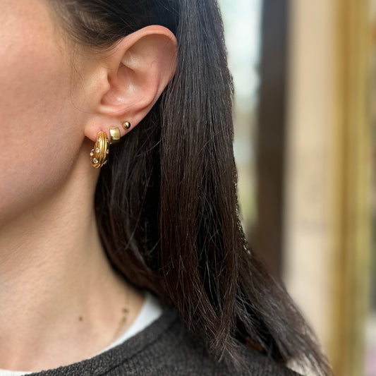 Estate 18KT Yellow Gold Gypsy Set Burnished Diamond Half-Hoop Earrings