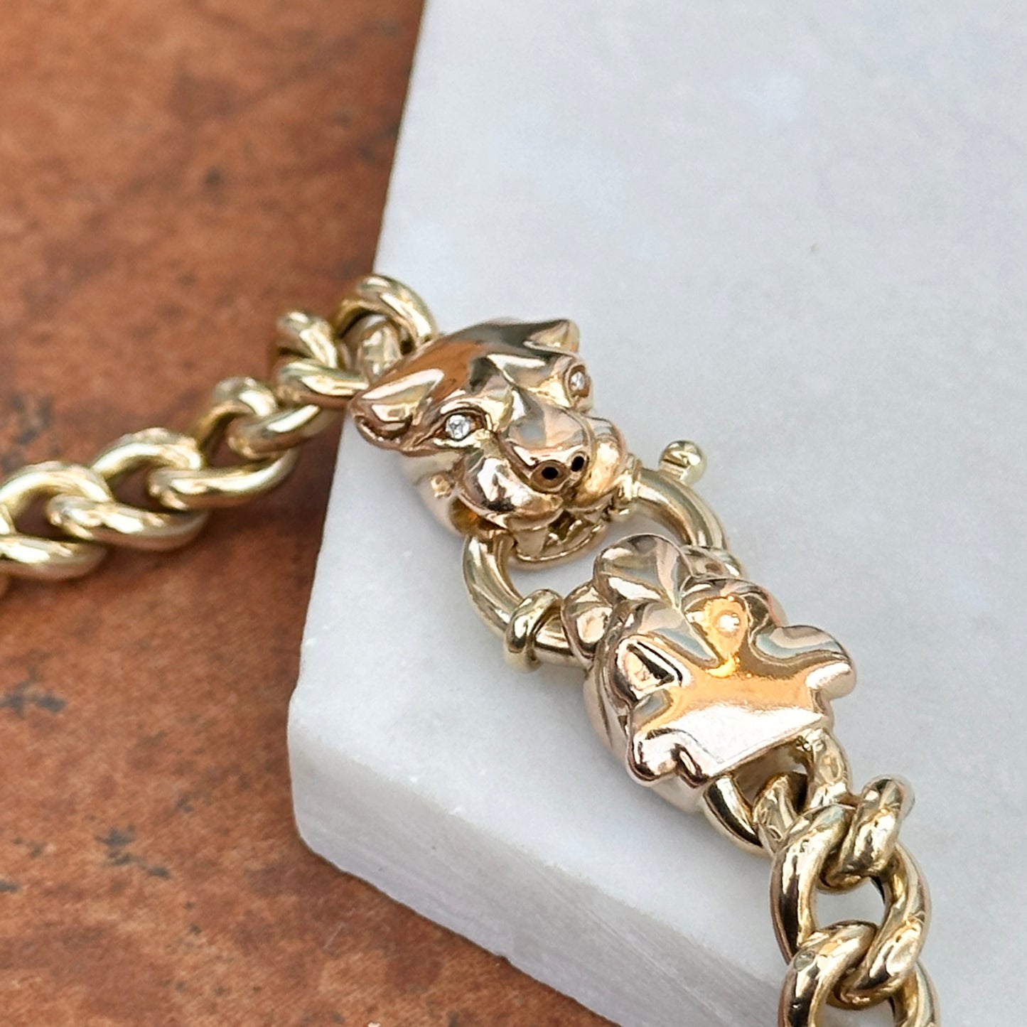 Estate 14KT Yellow Gold Double Panther Head Diamond Curb Chain Bracelet