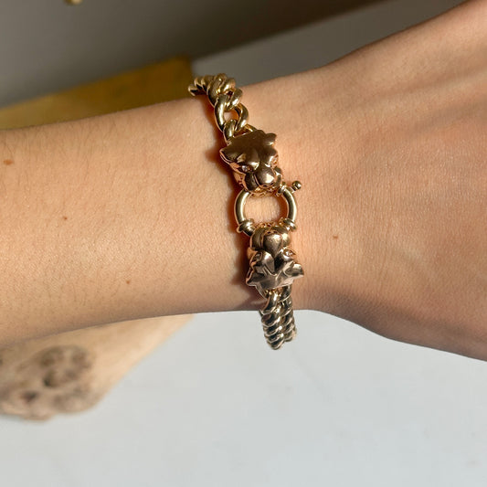 Estate 14KT Yellow Gold Double Panther Head Diamond Curb Chain Bracelet