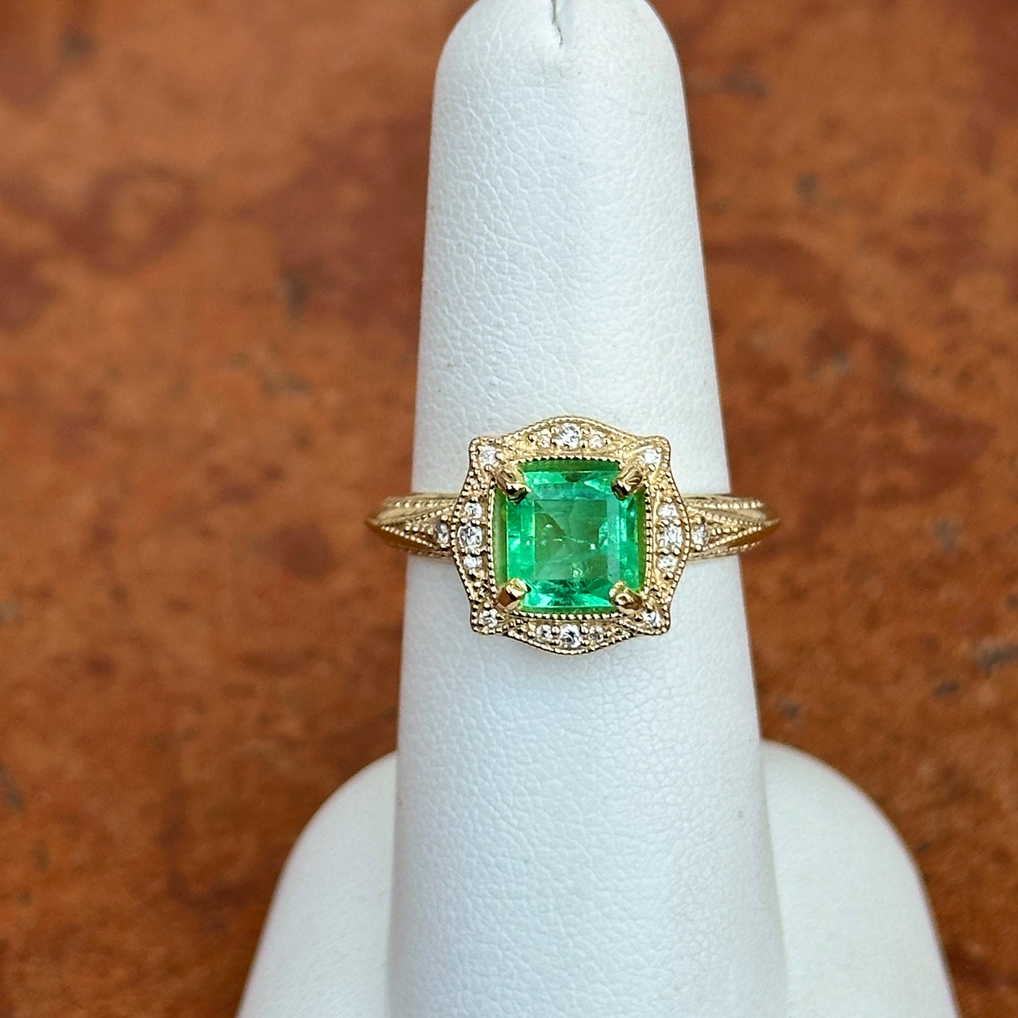 14KT Yellow Gold Square-Cut Colombian Emerald + Diamond Halo Ring