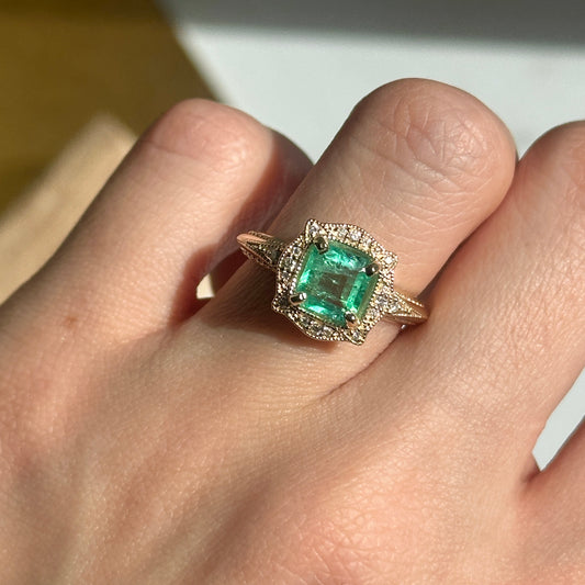 14KT Yellow Gold Square-Cut Colombian Emerald + Diamond Halo Ring