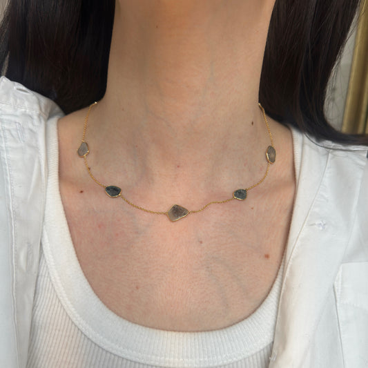 18KT Yellow Gold Geometric Multi Color Diamond Slice Station Necklace