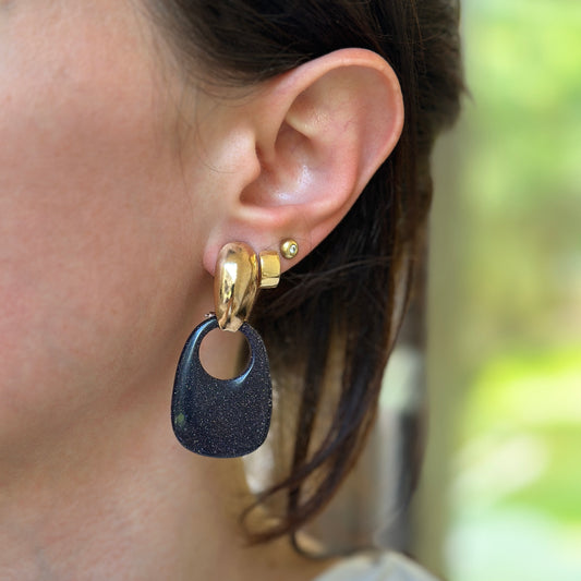 Genuine Dark Blue Goldstone Gemstone Open Oval Disc Earring Charms - LSJ