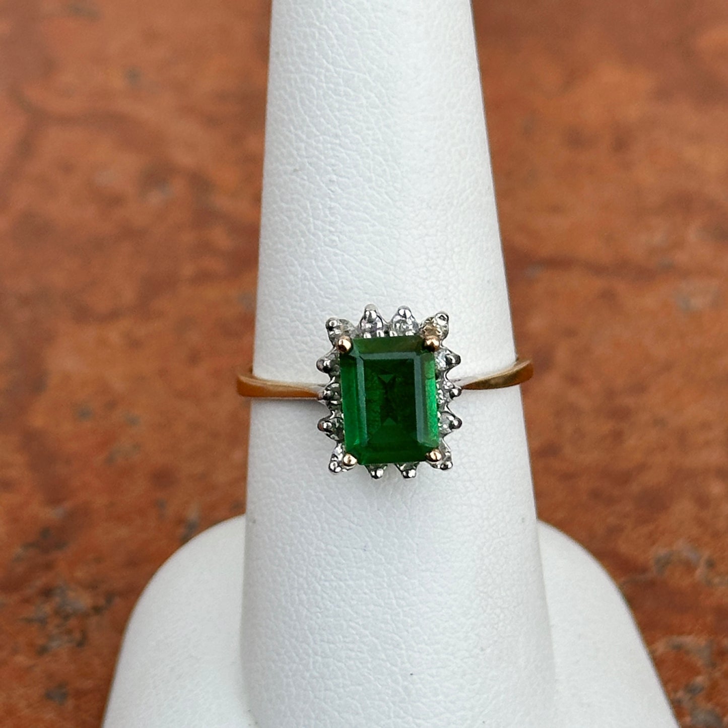 Estate 14KT Yellow Gold Emerald-Cut Lab Emerald + Diamond Halo Ring