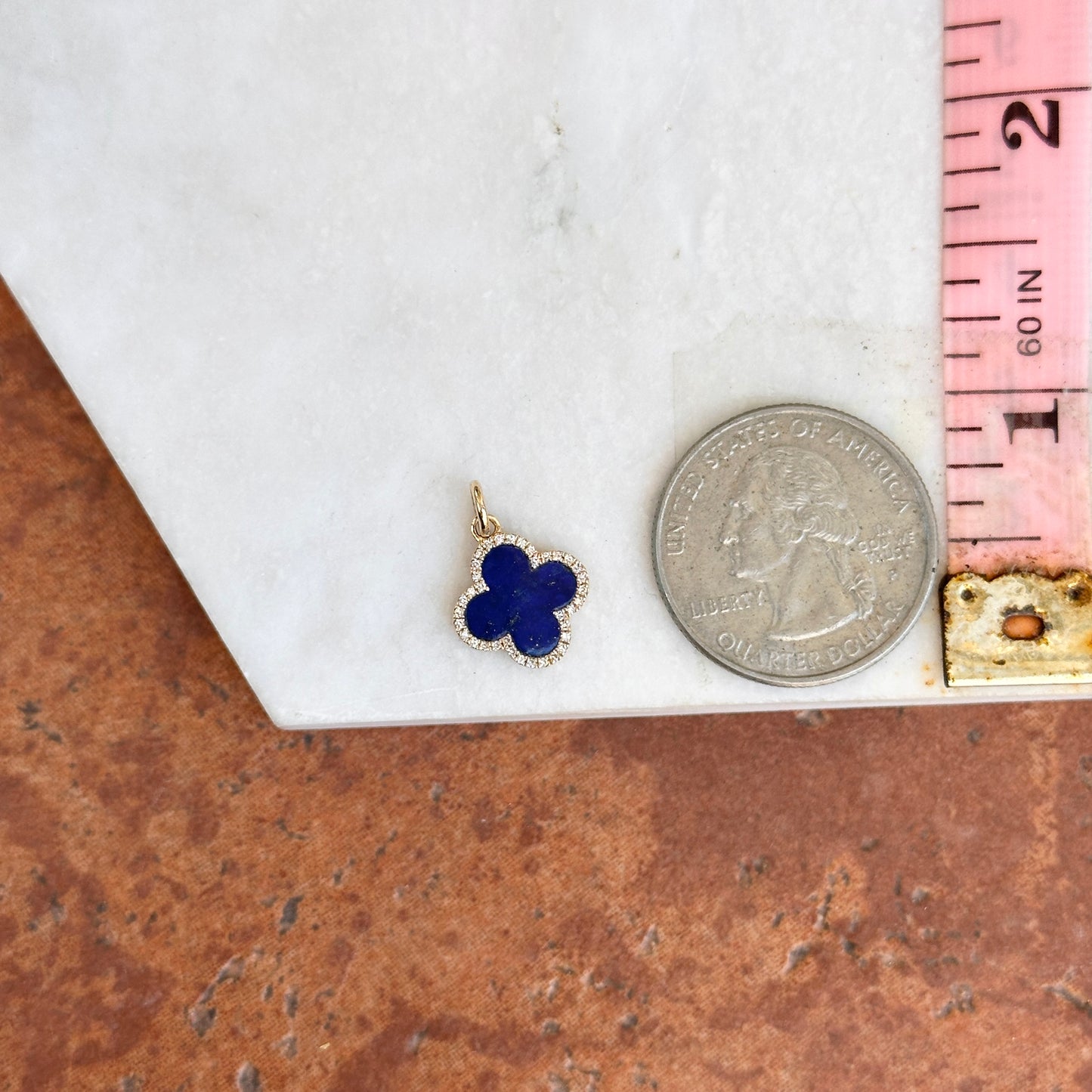 14KT Yellow Gold 4-Leaf Clover Blue Lapis + Pave Diamonds Pendant Charm 12mm