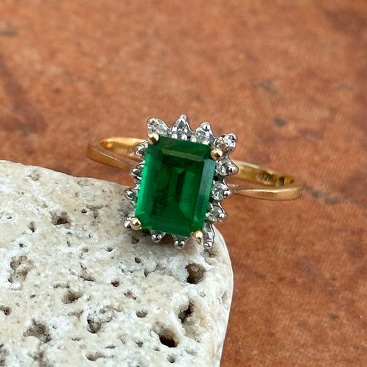 Estate 14KT Yellow Gold Emerald-Cut Lab Emerald + Diamond Halo Ring