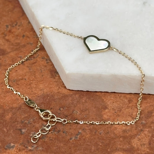 14KT Yellow Gold Genuine Mother of Pearl Heart Station Chain Bracelet
