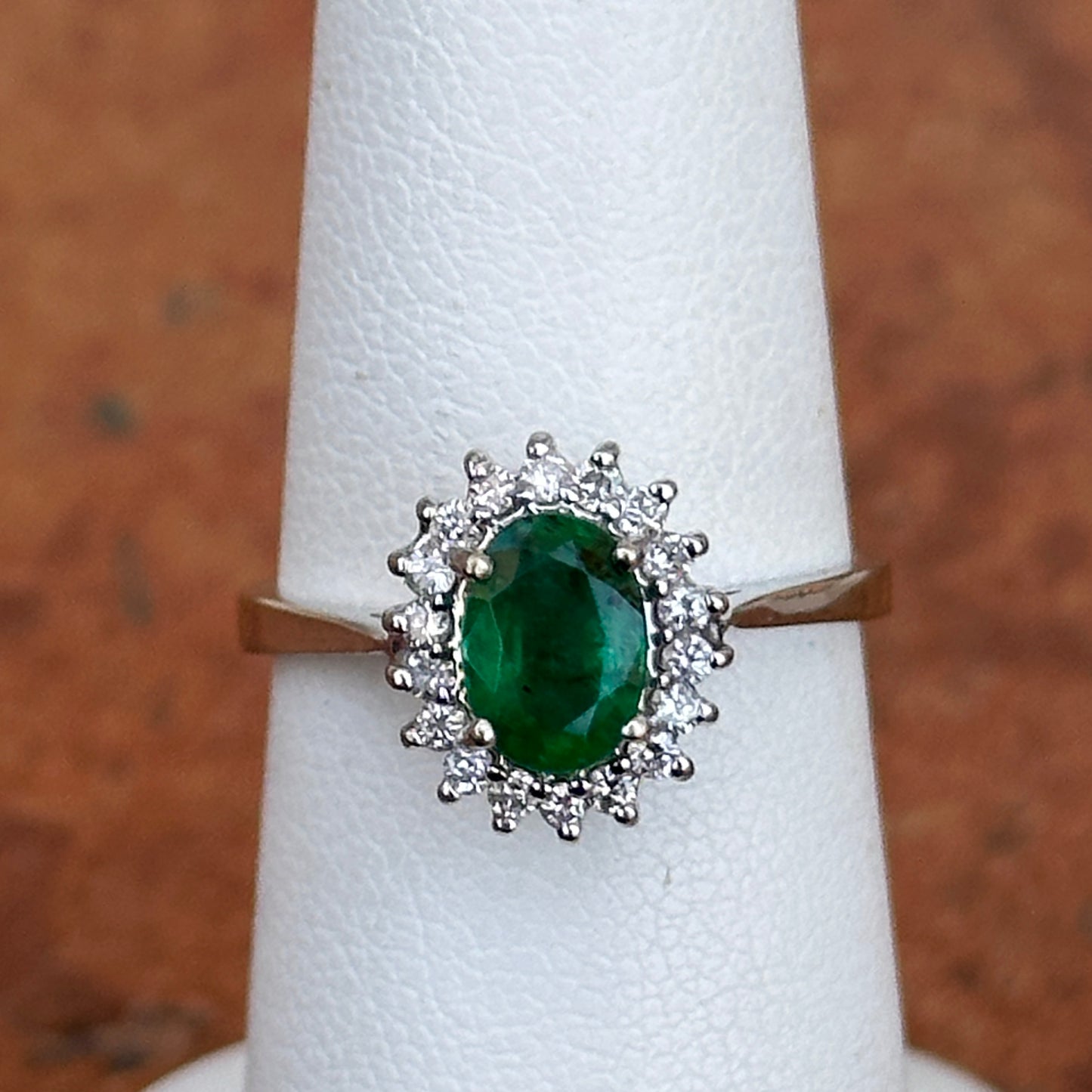 Estate 14KT White Gold Oval Emerald + Diamond Halo Ballerina Ring