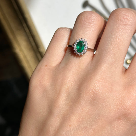 Estate 14KT White Gold Oval Emerald + Diamond Halo Ballerina Ring
