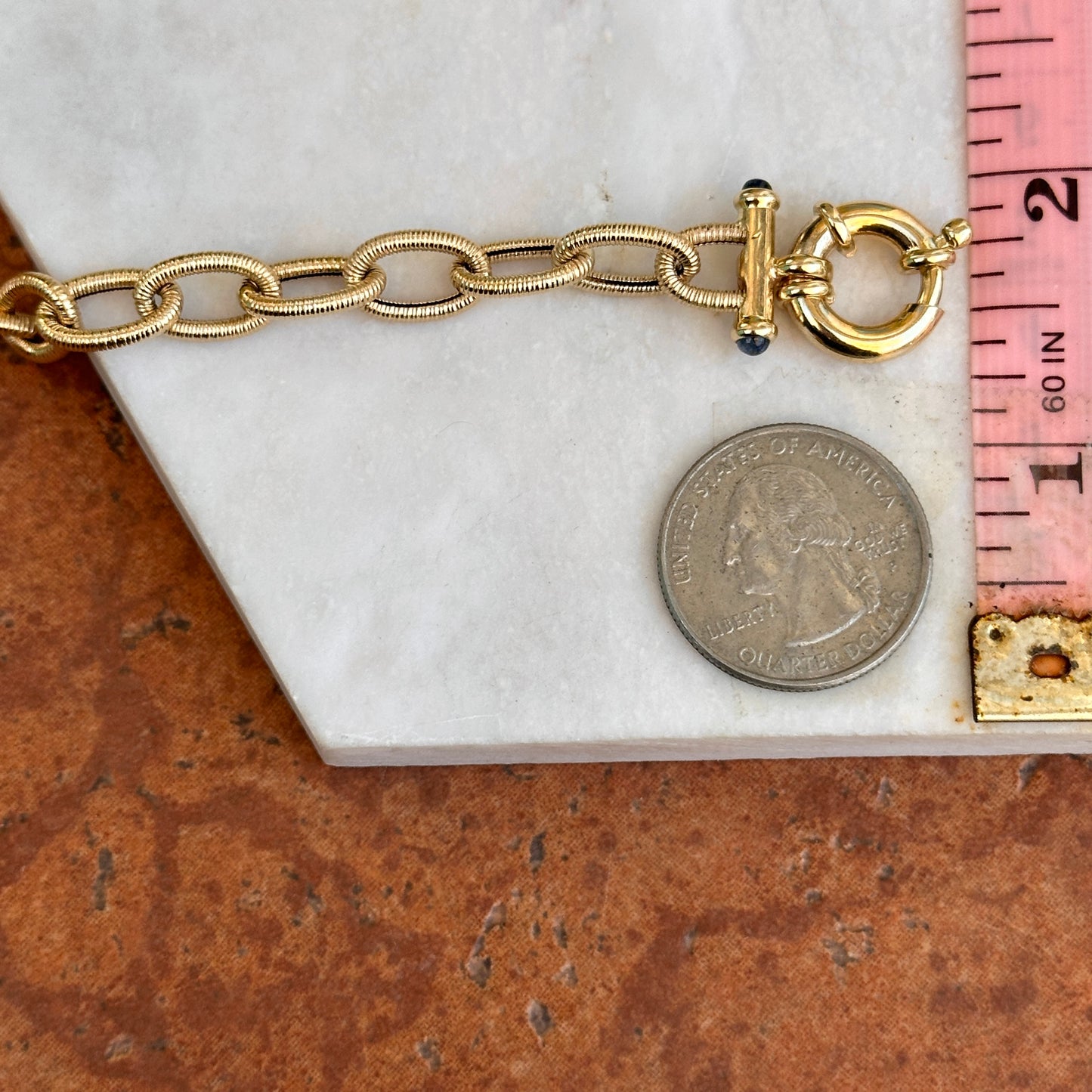 Estate 14KT Yellow Gold Textured Oval Chain Link Blue Sapphire Ends Bracelet