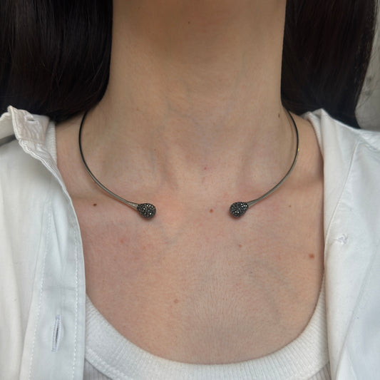 Stainless Steel Polished + Hematite End Caps Flexible Open Neck Wire Collar Necklace