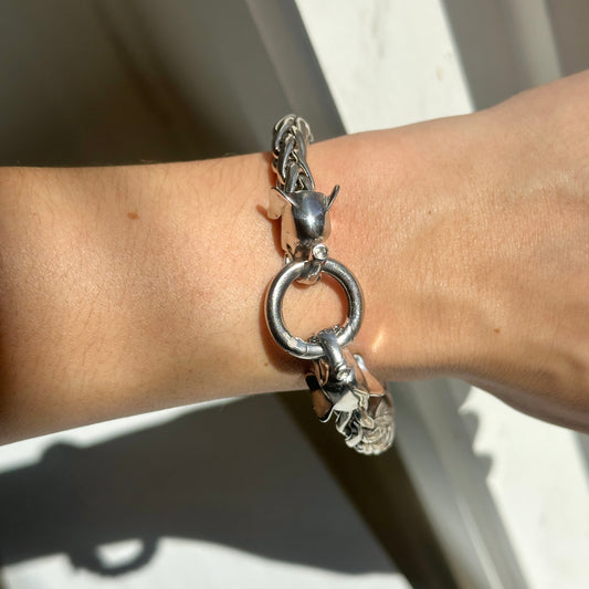 Sterling Silver Rhodium Plated Fancy Weave Chain Polished Elephant Heads Bracelet