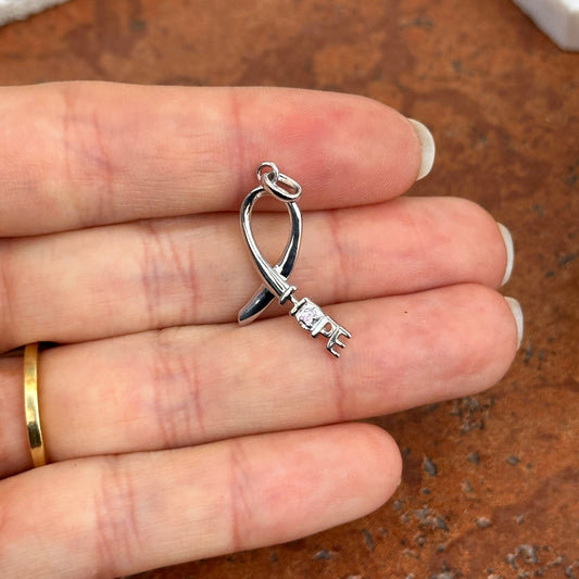 Sterling Silver Rhodium-plated Pink CZ Hope Awareness Ribbon Pendant Charm