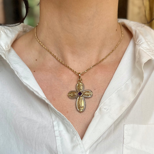 Estate 14KT Yellow Gold + White Gold Byzantine Amethyst Cross Pendant Enhancer