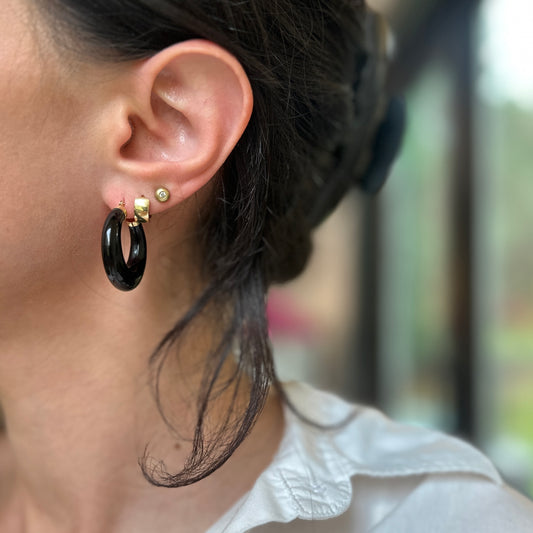 Estate 14KT Yellow Gold Round Graduated Black Onyx Hoop Earrings