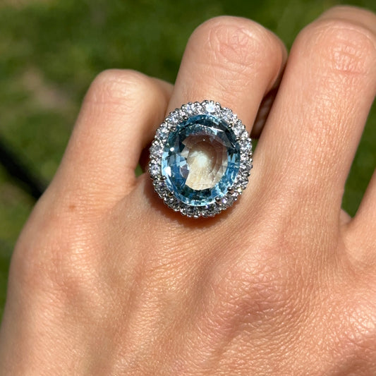 Estate 14KT White Gold Oval 11 CT Aquamarine + Halo Diamond Ring
