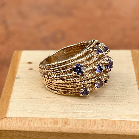 Estate 14KT Yellow Gold Rope Twist Etruscan Purple Iolite Cigar Band Ring