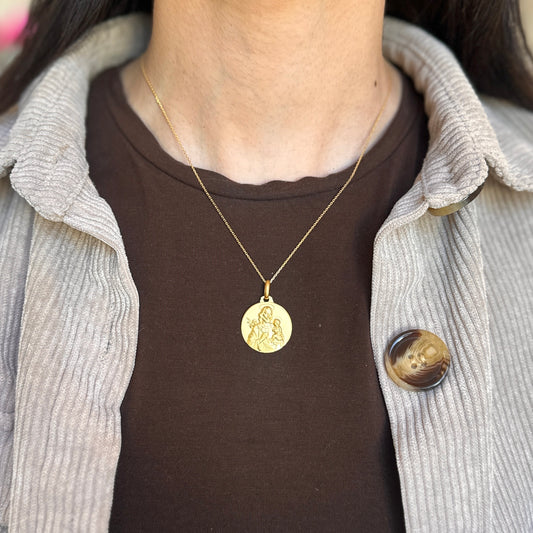 18KT Yellow Gold Solid St Joseph Round Medal Pendant Matte 21mm