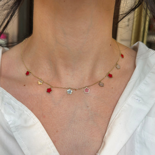 14KT Yellow Gold Red Enamel + Mother of Pearl 7mm Flower Station Necklace