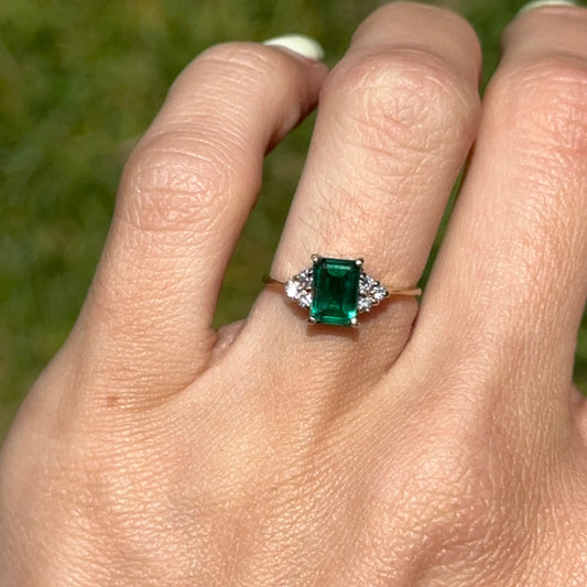 Estate 14KT Yellow Gold Lab-Created Emerald + Diamond Accent ring