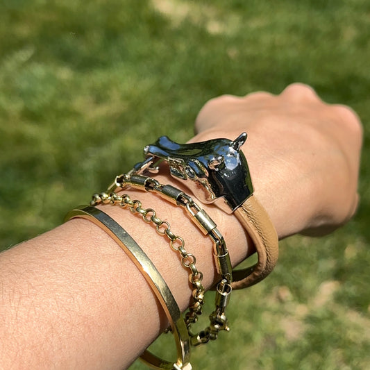 Silver-Tone Horse Head Leather Brown Bracelet