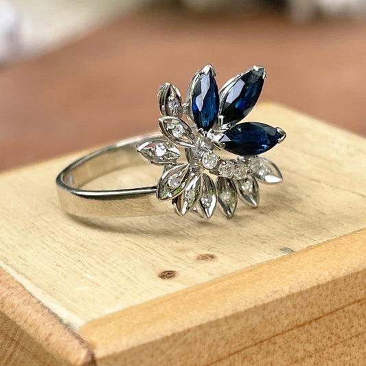 Estate 14KT White Gold Marquise Blue Sapphire + Diamond Flower Ring