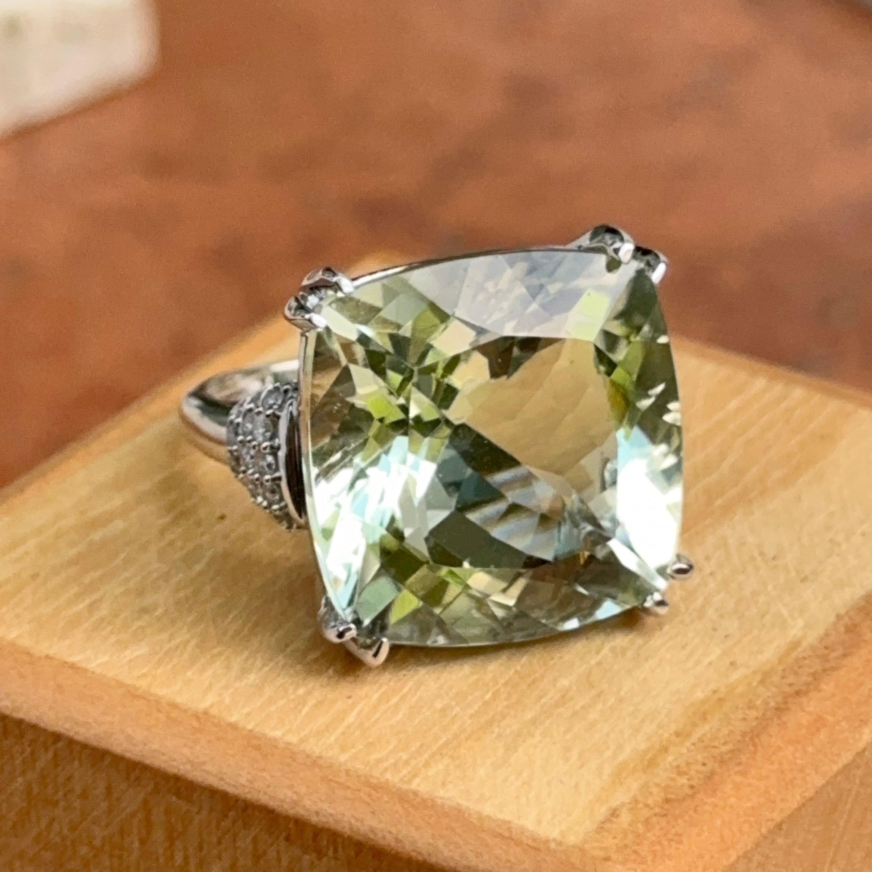 On sale Sz 5 PRASIOLITE & CZ HALO Ring, Rose Gold Over Sterling Silver, 15mm Cushion Cut, Brand New, Also Known As Green Amethyst Or Mint Quartz