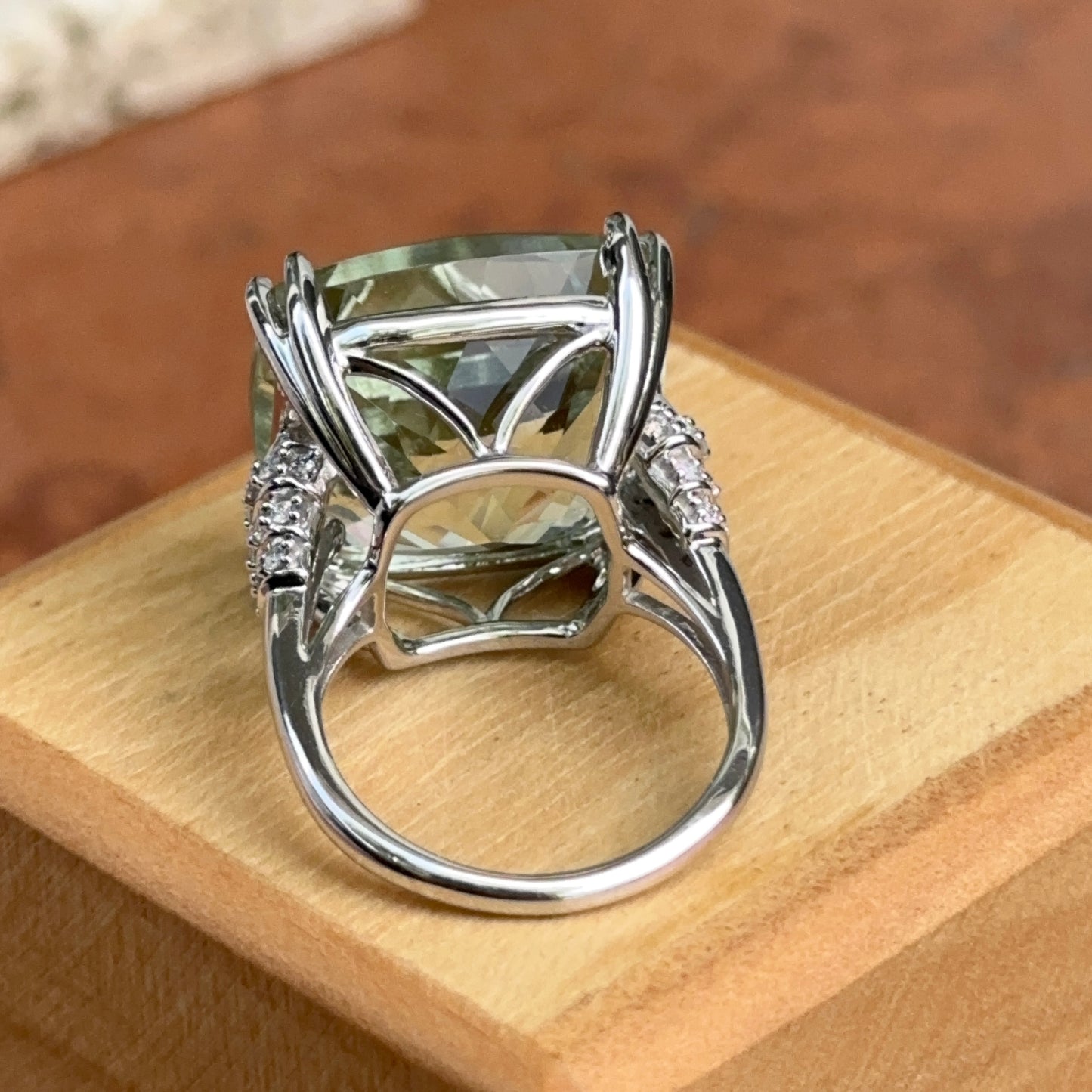 Estate 14KT White Gold Cushion Green Prasiolite Amethyst + Diamond Ring