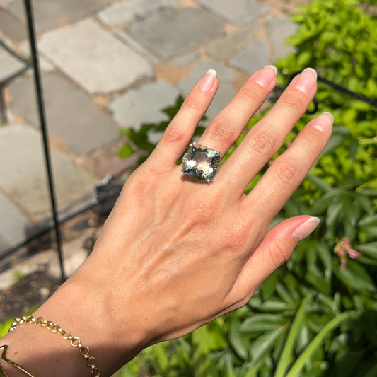 Estate 14KT White Gold Cushion Green Prasiolite Amethyst + Diamond Ring