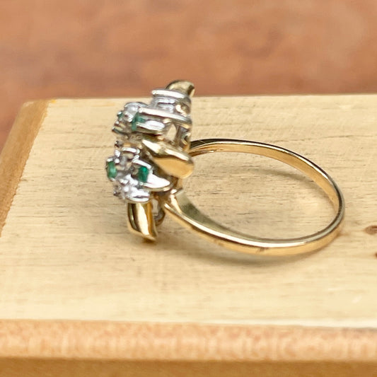 Estate 14KT Yellow Gold Mid-Century Emerald + Diamond Cluster Ring