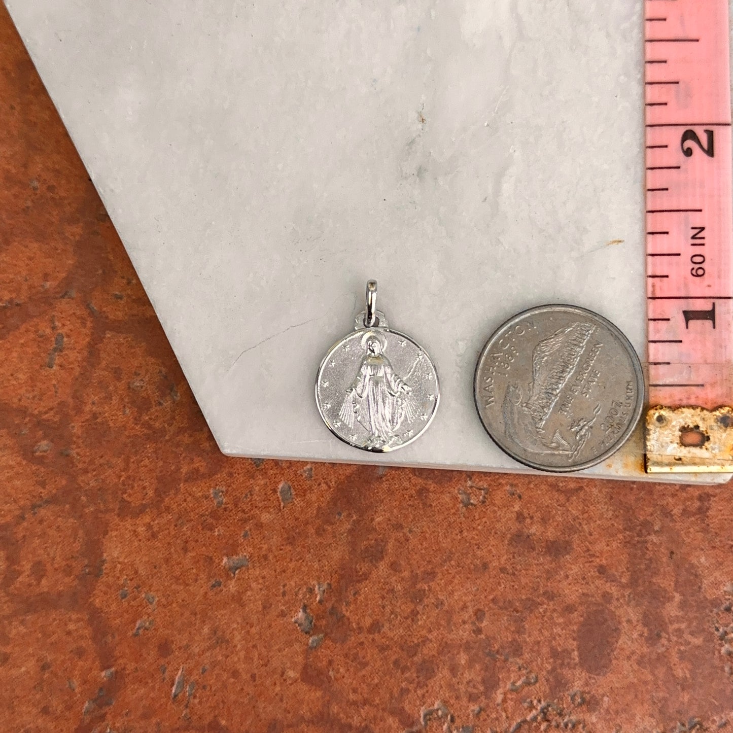 14KT White Gold Round Matte Miraculous Medal 18mm