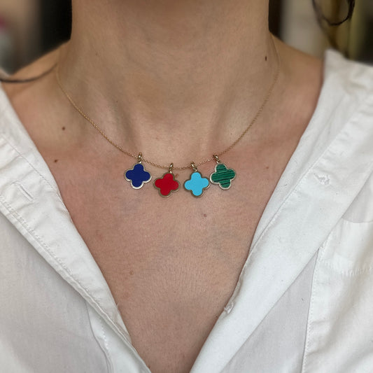 14KT Yellow Gold 4-Leaf Clover Green Malachite Inlay Pendant Charm 14mm