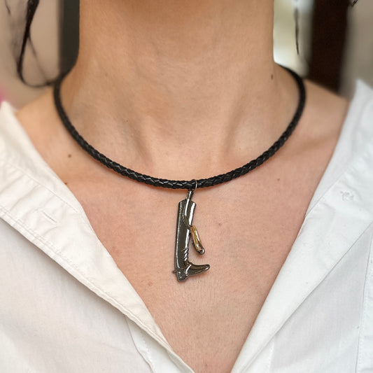 Silver Gun Metal and Yellow Plated Cowboy Boot in Stir-Up Black Braided Leather Necklace