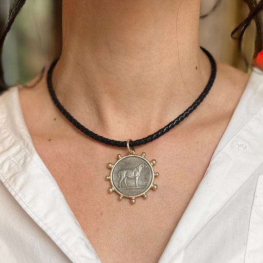 Silver Horse Coin Yellow Tone Beaded Pendant on Black Braided Leather Necklace