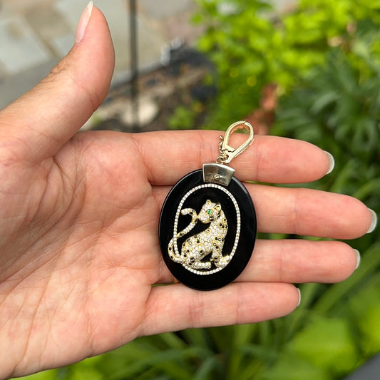 Estate 18KT Yellow Gold Black Onyx Oval Pave Diamond Leopard Emerald Eyes Pendant Enhancer