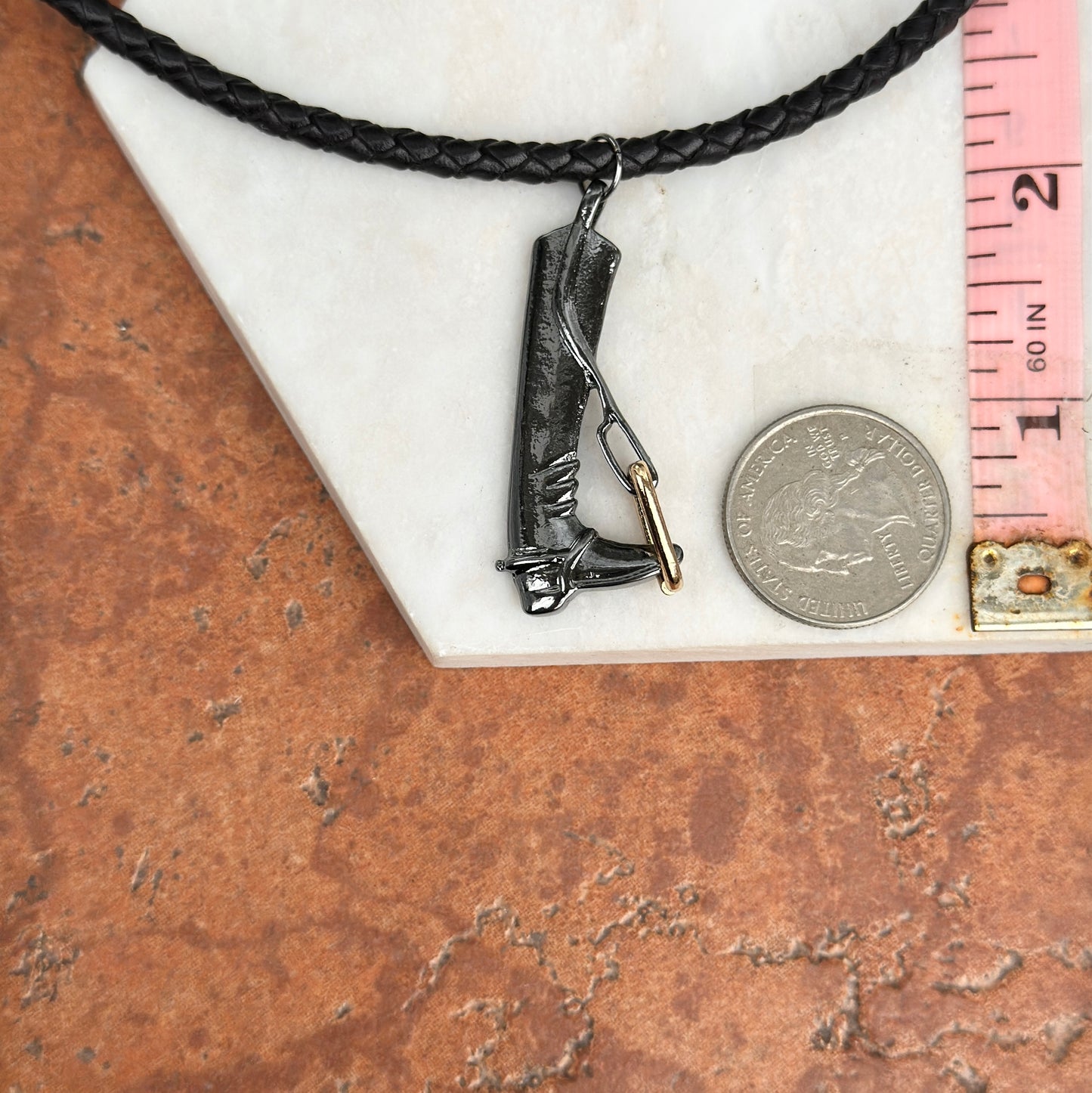 Silver Gun Metal and Yellow Plated Cowboy Boot in Stir-Up Black Braided Leather Necklace