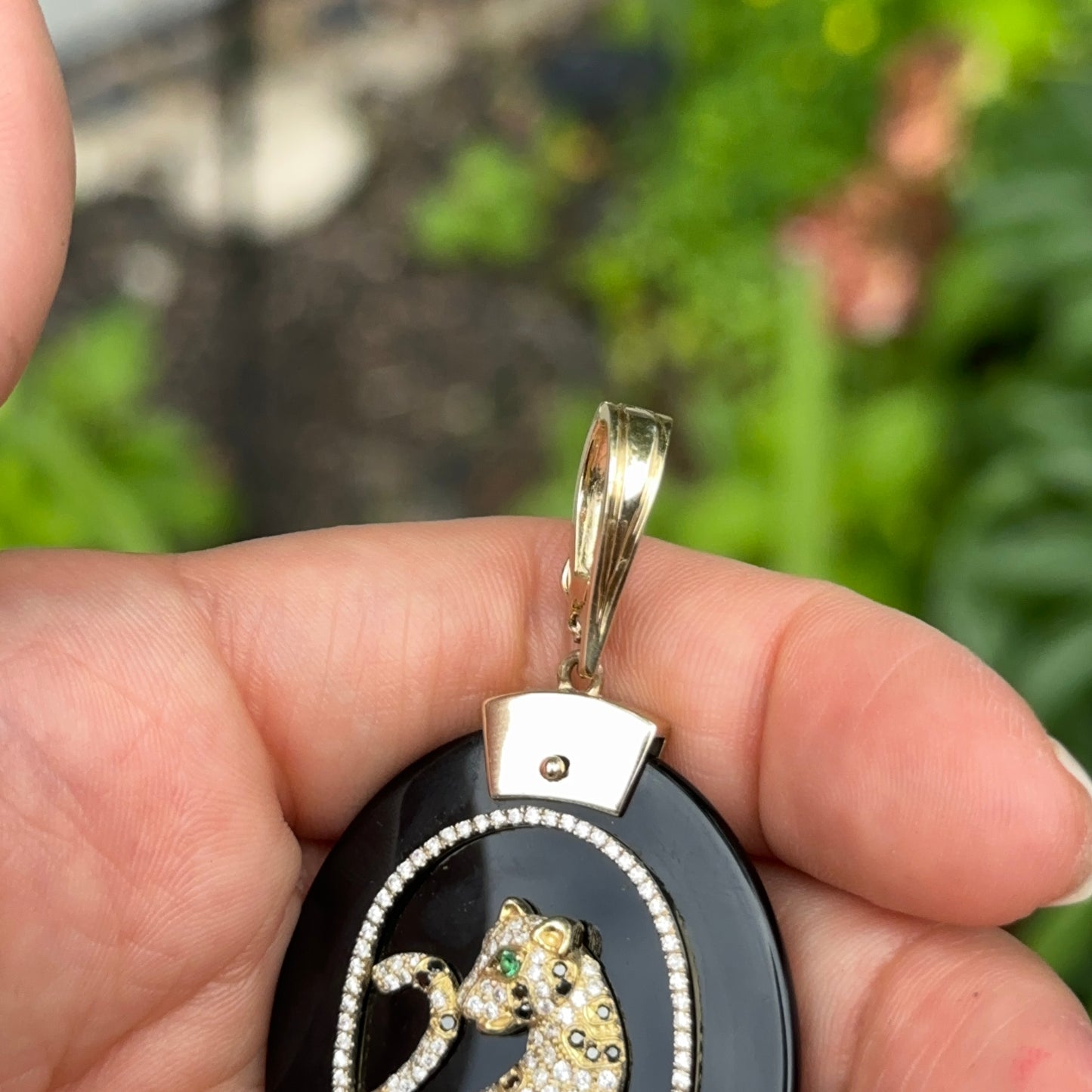 Estate 18KT Yellow Gold Black Onyx Oval Pave Diamond Leopard Emerald Eyes Pendant Enhancer