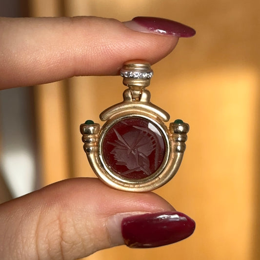 Estate 14KT Yellow Gold Intaglio Carnelian + Diamond Pendant 050
