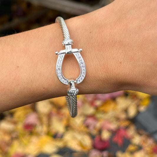 Silver Round Cubic Zirconia Horseshoe Twisted Bangle Bracelet