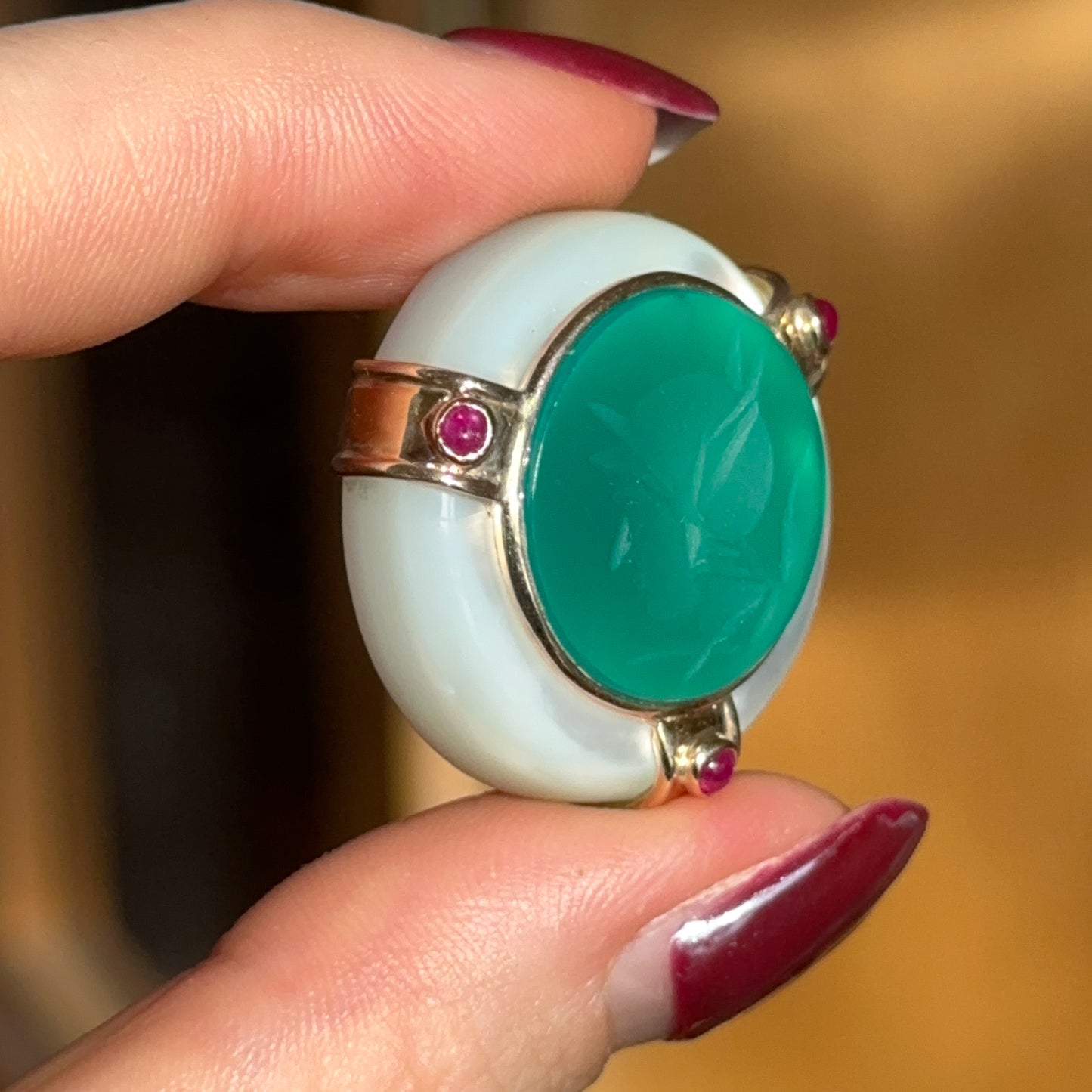 Estate 14KT Yellow Gold Intaglio Mother of Pearl, Green Onyx Pendant Slide - LSJ