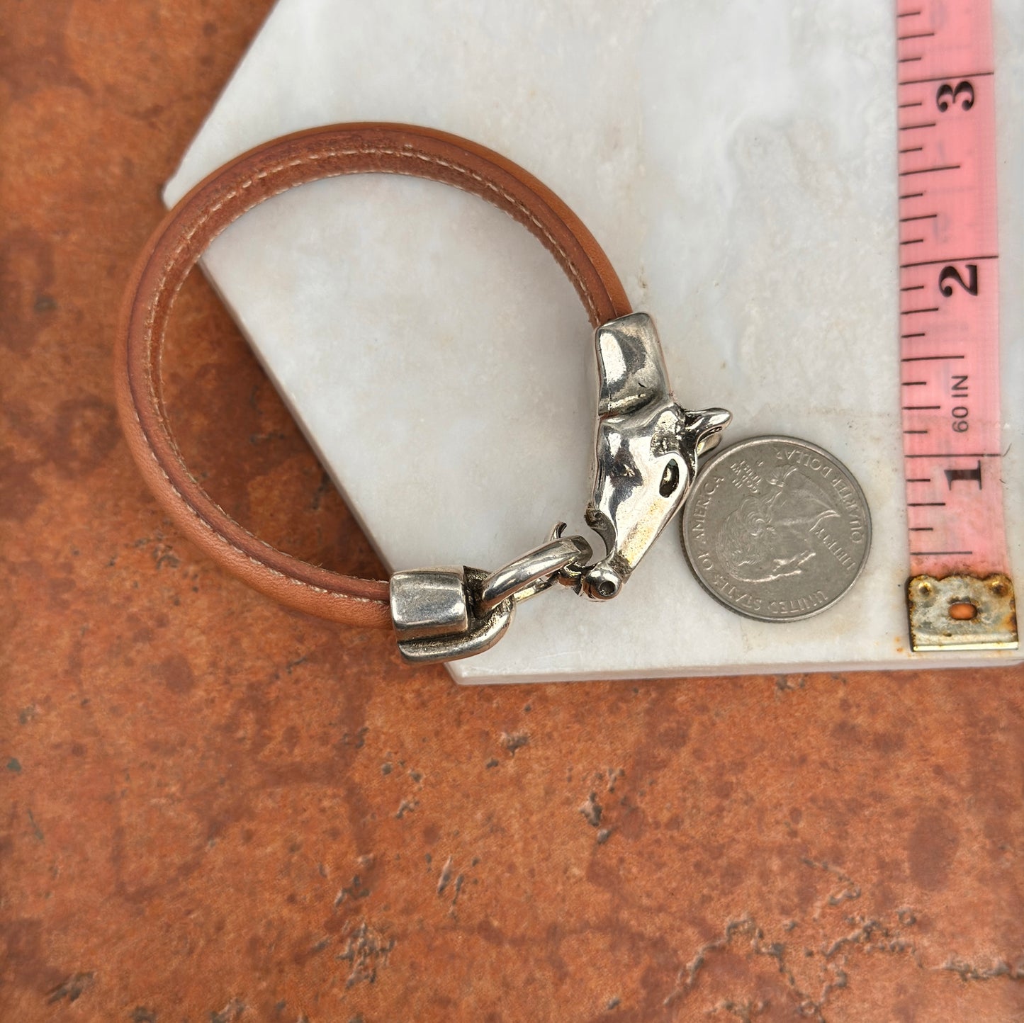 Silver Horse Head and Bit Brown Leather Bracelet 8''