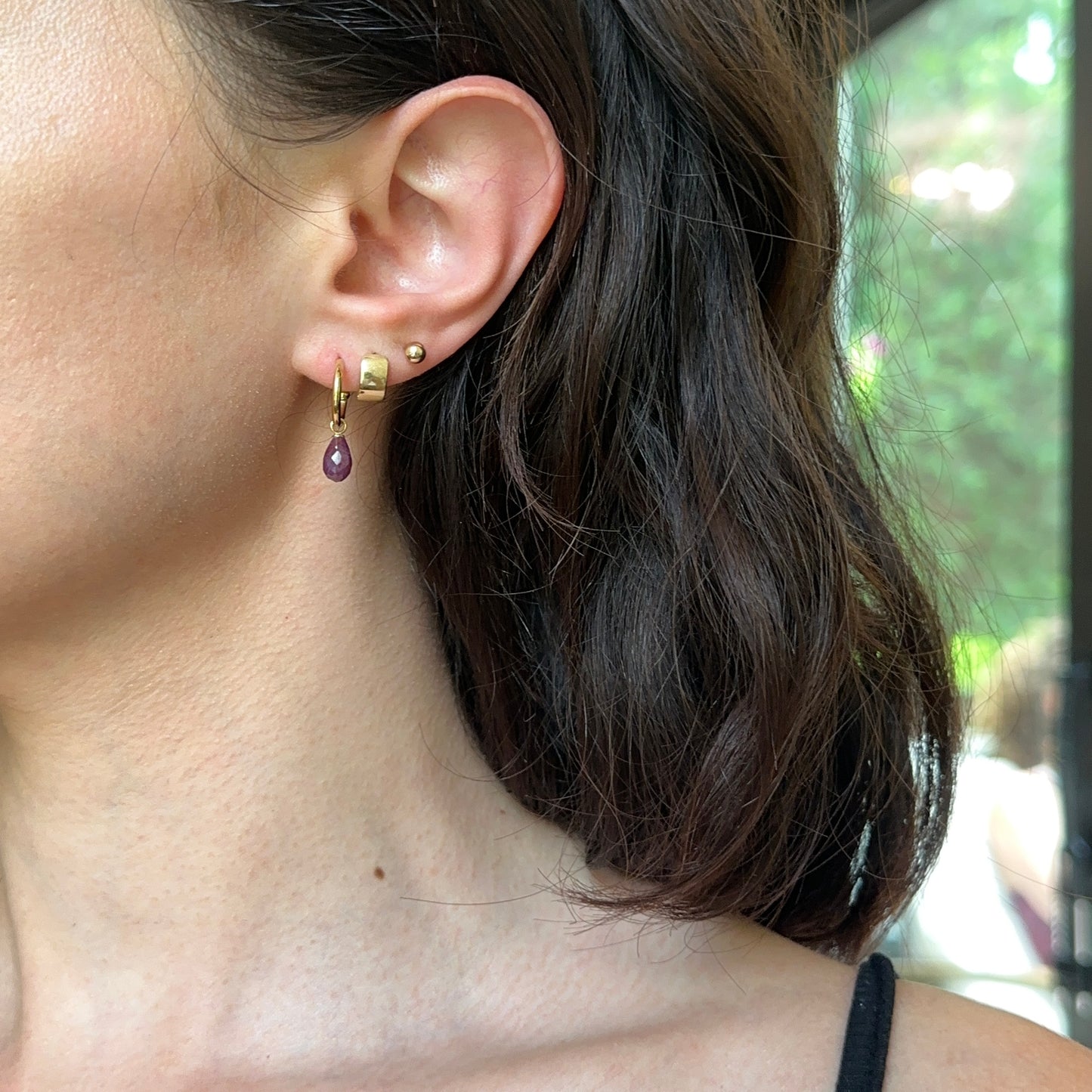 14KT Yellow Gold Teardrop Ruby Charm Hoop Earrings